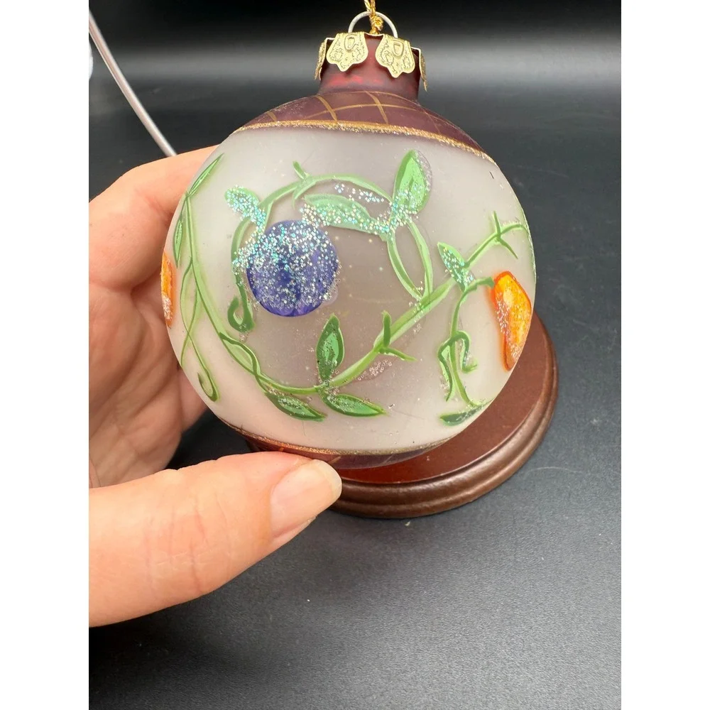 Hand Painted Glass Ornament Fruit Motif‎ Round Frosted with Gilded Red Top